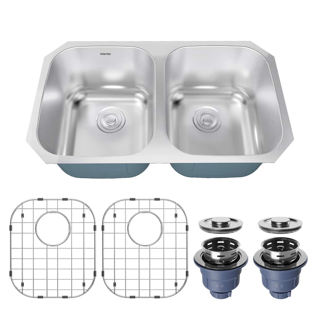 Karran Profile 32" Undermount 18 Gauge Double Bowl Stainless Steel Kitchen Sink with Accessories