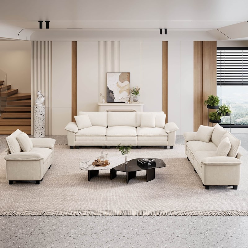 MAISON ARTS 3-Piece Sofa Set for Living Room, Comfy 3-Seater with Loveseat or Armchair, Modular Sectional Couch with Pillows - Off-White ( 6 Seaters ) - Reversible