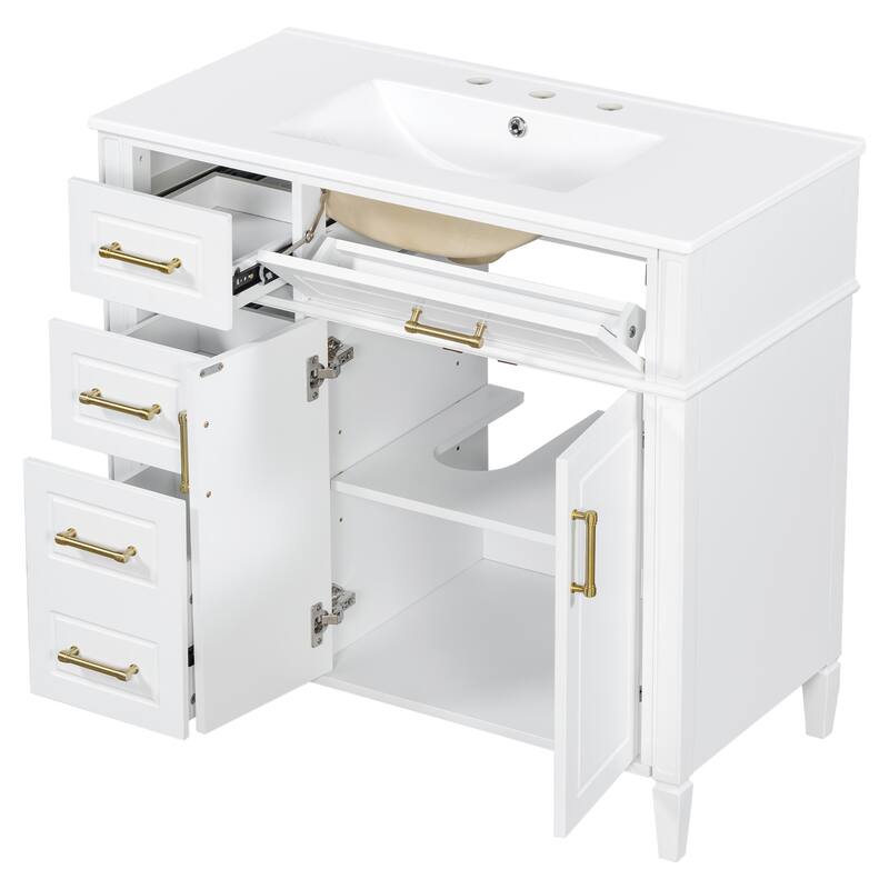 Roomfitters 36" Bathroom Vanity with Sink, Solid Pinewood Frame, 4 Drawers, Soft-Close Doors & Adjustable Shelf