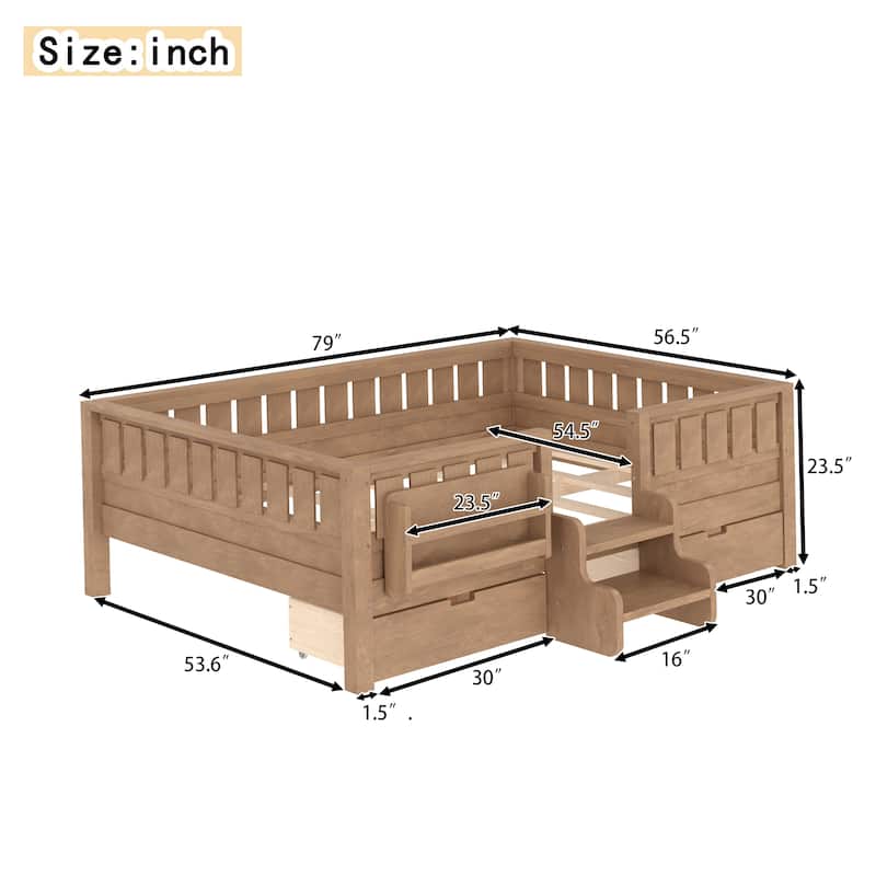Full/Twin Loft Bed with Storage Drawers, Safety Staircase & Rails