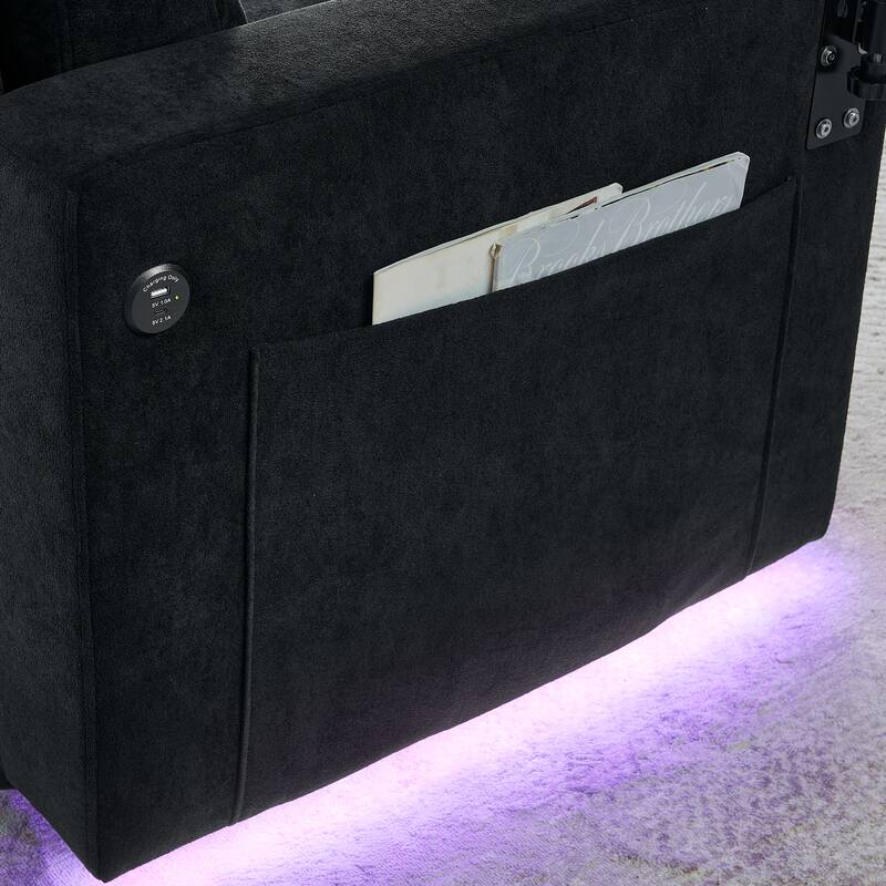 Roomfitters Modern Chenille Pull-Out Bed Sofa with Retractable Table, LED Lighting, USB Ports and Cup Holders