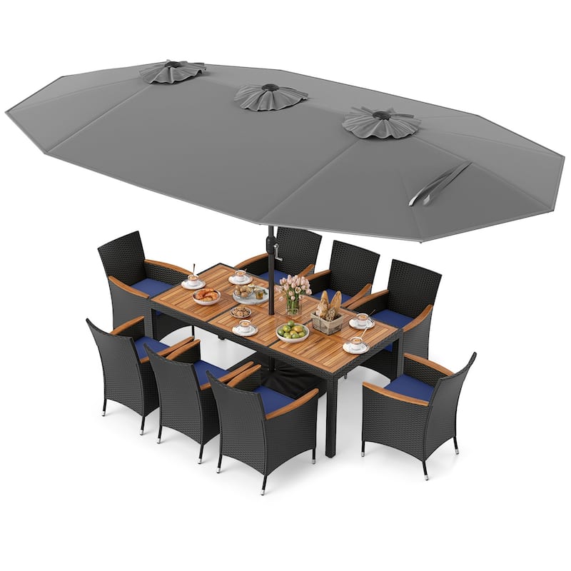 Costway 11 PCS Patio Wicker Dining Set with Double-Sided Outdoor - See Details - Gray+Navy