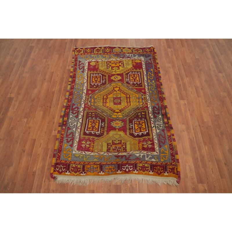 Hand Knotted Oriental 100% Wool Carpet Transitional Geometric Red Anatolian Area Rug - 6' 5'' X 4' 1''