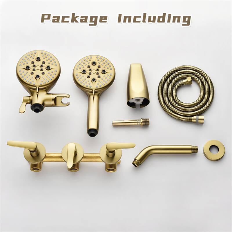 Wall Mounted Shower Faucet with Tub Spout, Complete Brushed Gold Dual Head Tub Shower System Wth Handheld Shower