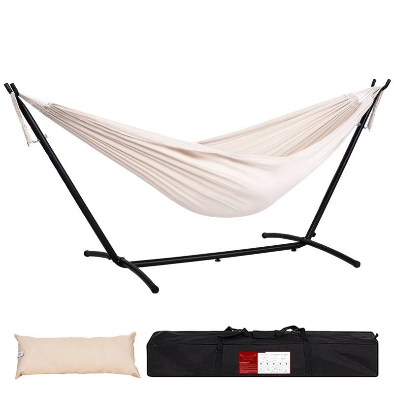Double Cotton Hammock with Heavy Duty Steel Stand - Natural