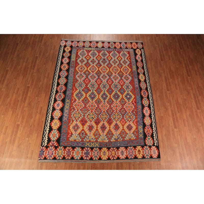 Geometric Kilim Reversible Area Rug Flatweave Oriental Wool Carpet - 8'2"x 11'5"