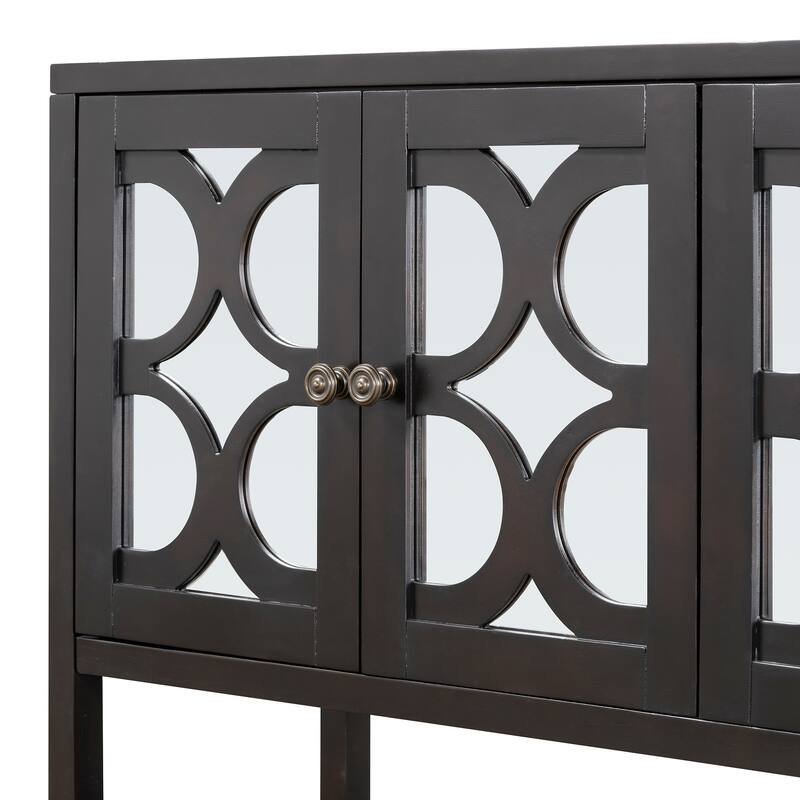 60" Retro Wooden Console Table Storage Cabinet with Mirrored Doors, Spacious Shelves and Acacia Wood Legs