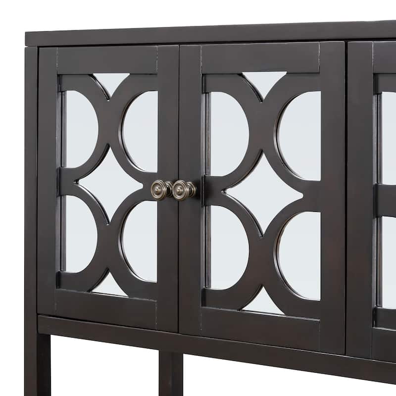 Sideboard Cabinet with Mirrored Doors, Accent Cabinets with Open Shelves, Storage Cabinet with Acacia Wood Legs