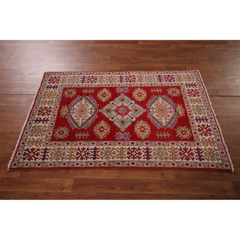 Red Kazak Oriental Accent Rug Handmade Traditional Wool Carpet - 3'2" x 4'10"