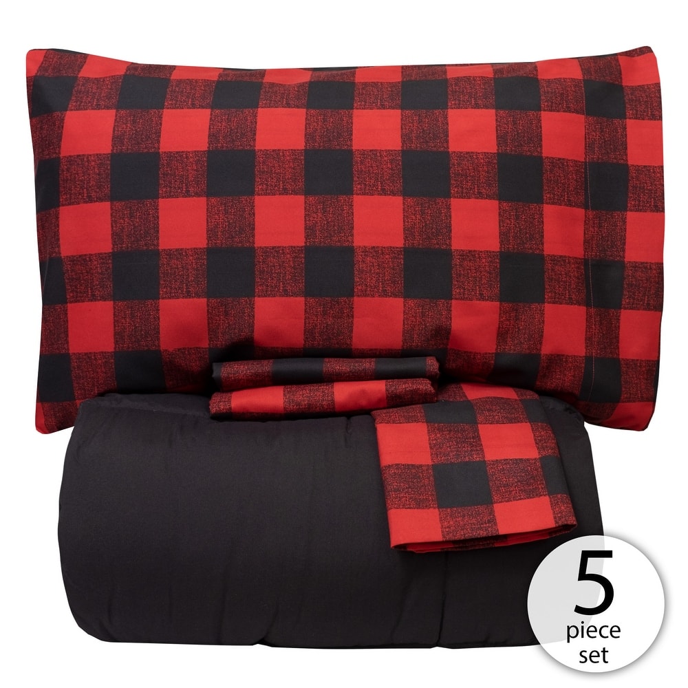Sweet Home Collection Burgundy Black Buffalo Check Sheet & Solid Black Comforter Set