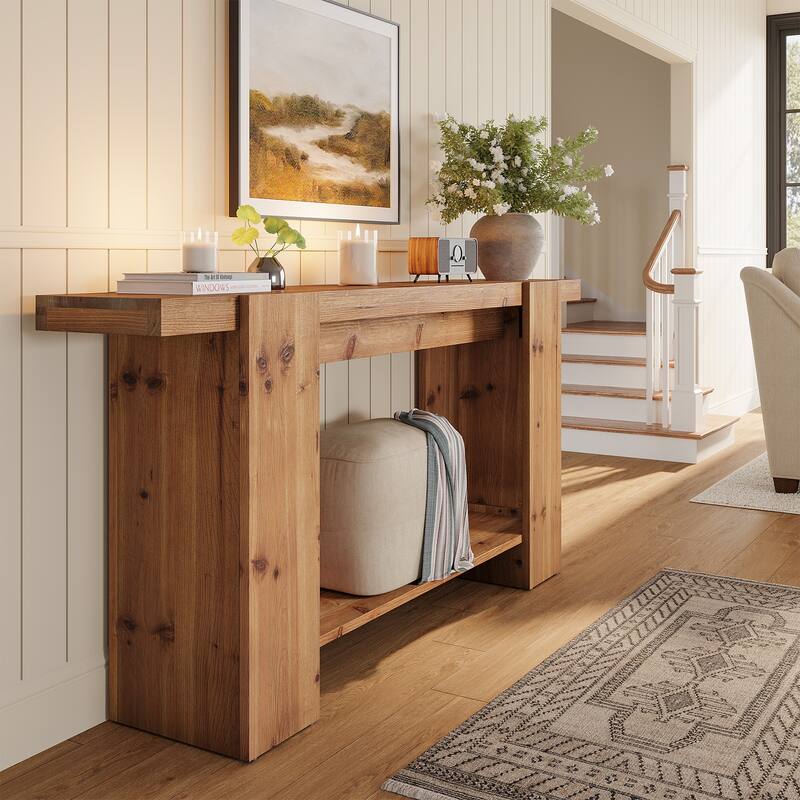 63-Inch Solid Wood Entryway Table, Console Table with 2-Tier Shelves