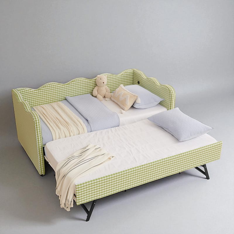 Twin Size Gingham Daybed with Trundle, USB Port, Wave Design, No Box Spring Needed, Linen Upholstered Sofa Bed