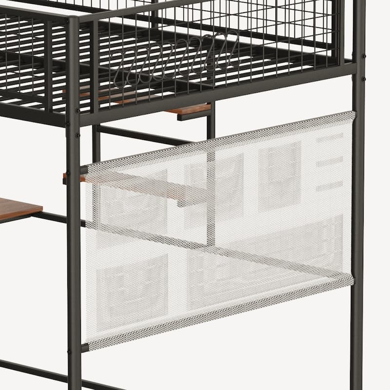 Full Size Loft Bed with Built-in Charging Station & LED Lighting, Heavy-Duty Metal Loft Bed Frame with Desk & Safety Guardrails