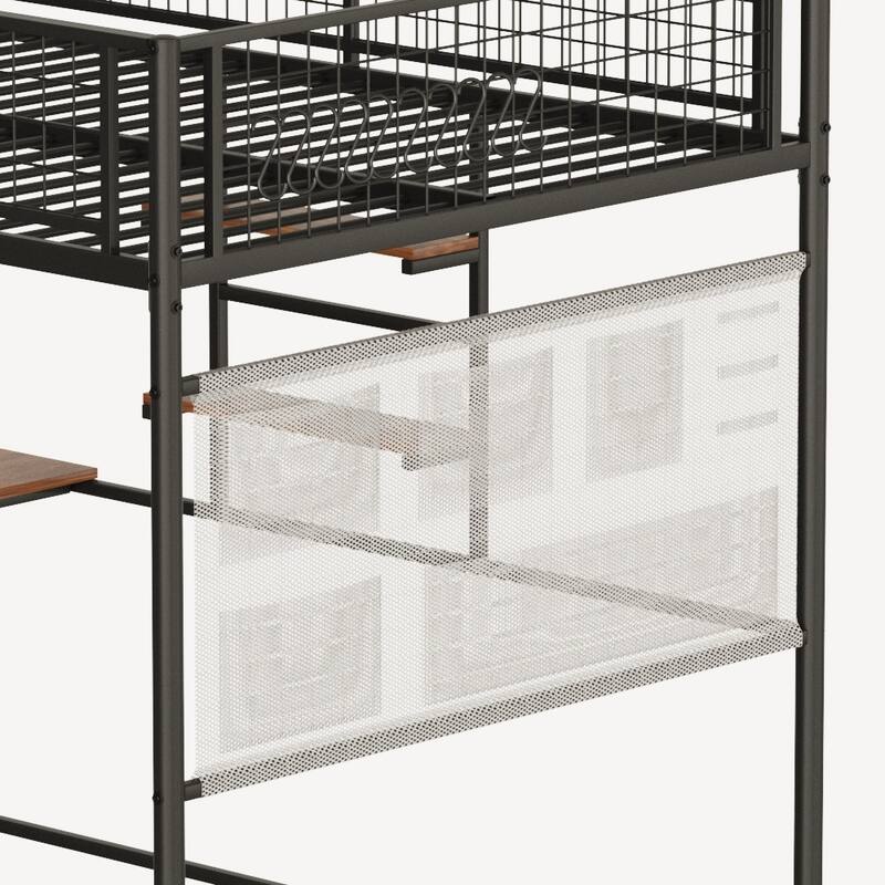 Loft Metal Bed with Built In Desk, Charging Station and LED Lighting