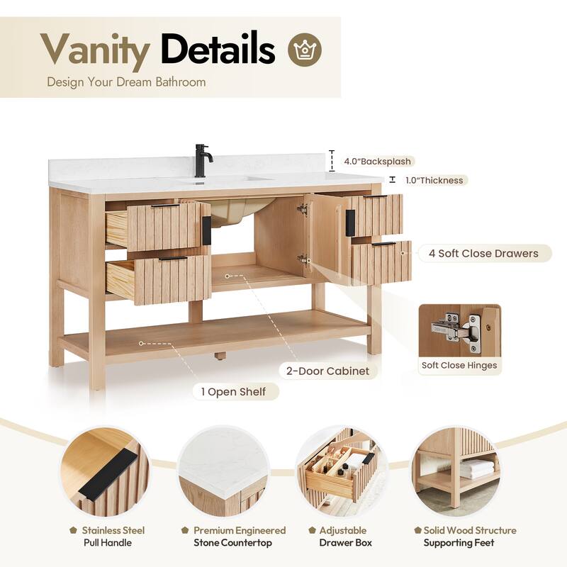 Tehran Bath Vanity with Composite Stone Top without Mirror