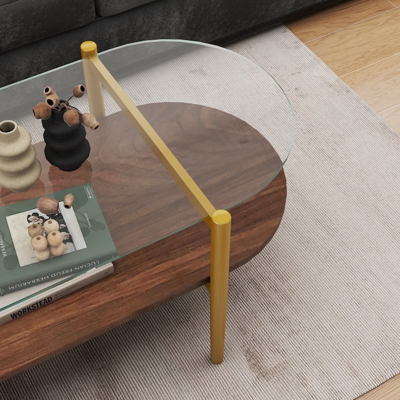 Oval Shaped Glass Coffee Tablemedieval Modern Design, Double-Layer Structure With Storage Function