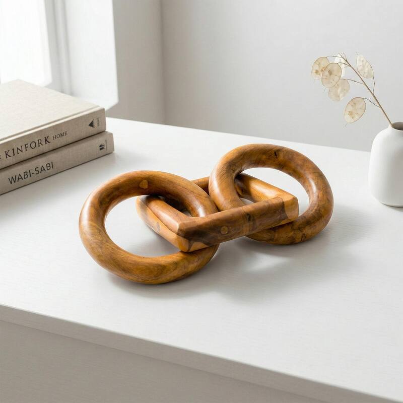 Wood Chain Link Sculpture - Hand Carved 2 Round 1 Square Link Decor, Rustic Modern Accent