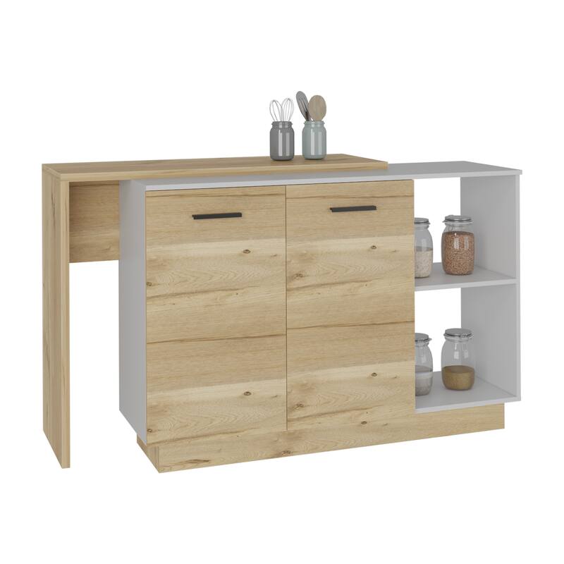 Kitchen Island, Double Door Cabinets, Two External Shelves, Three Shelves