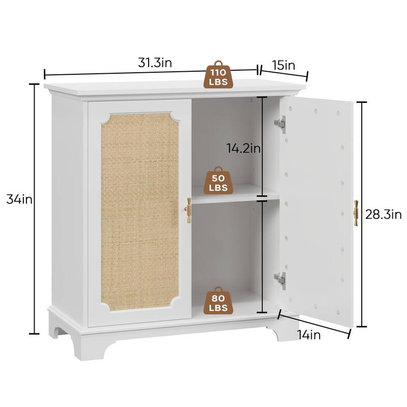 Roomfitters Coastal Storage Cabinet with Rattan Decorated Doors, Boho Sideboard Organizer with Adjustable Shelf, White