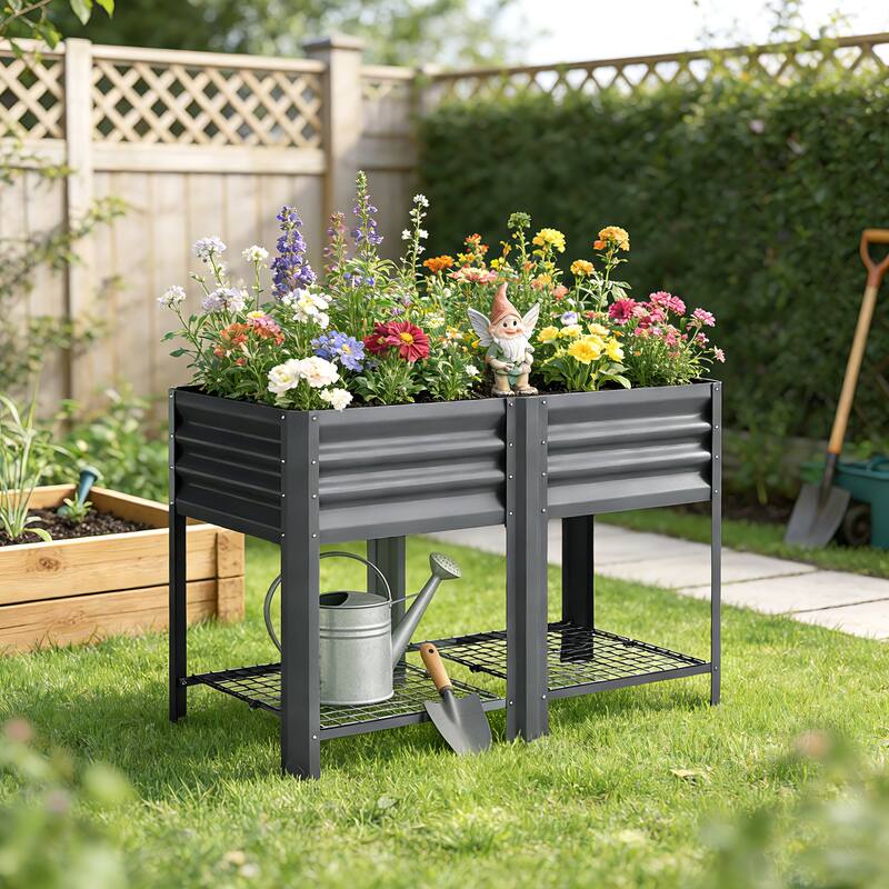 Outsunny Galvanized Steel Raised Garden Bed with Storage Shelf and Bed Liner, Elevated Planter Box with Legs