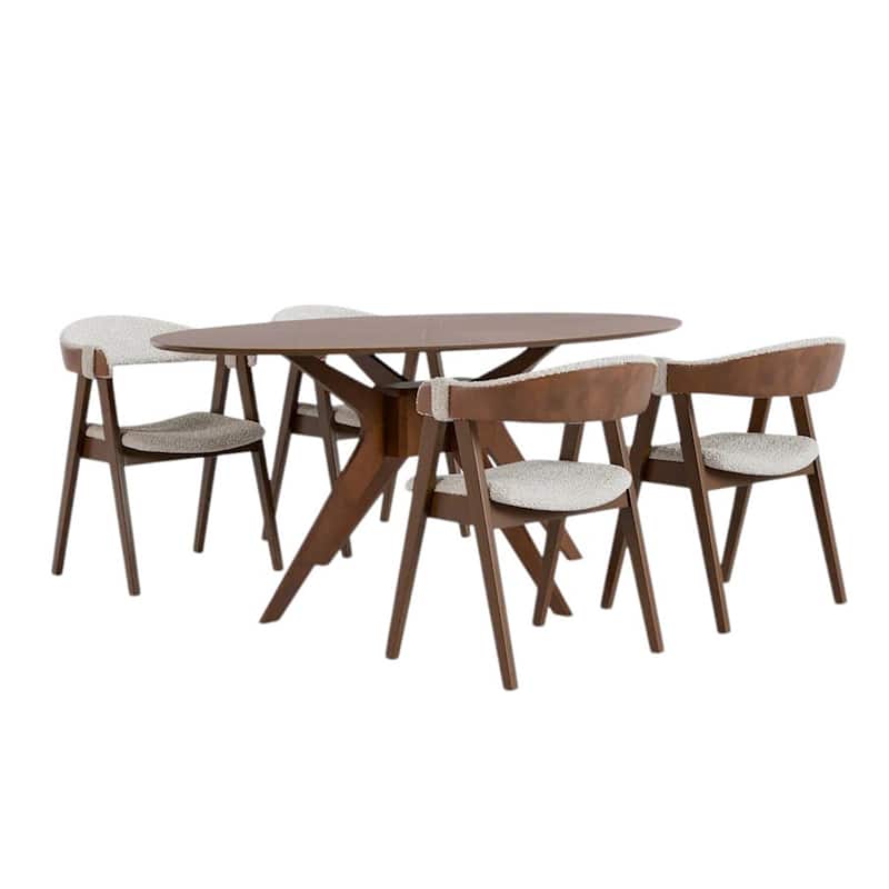 5 Piece Oval Wooden Dining Set in Walnut and Beige - 5-Piece - Walnut/Beige