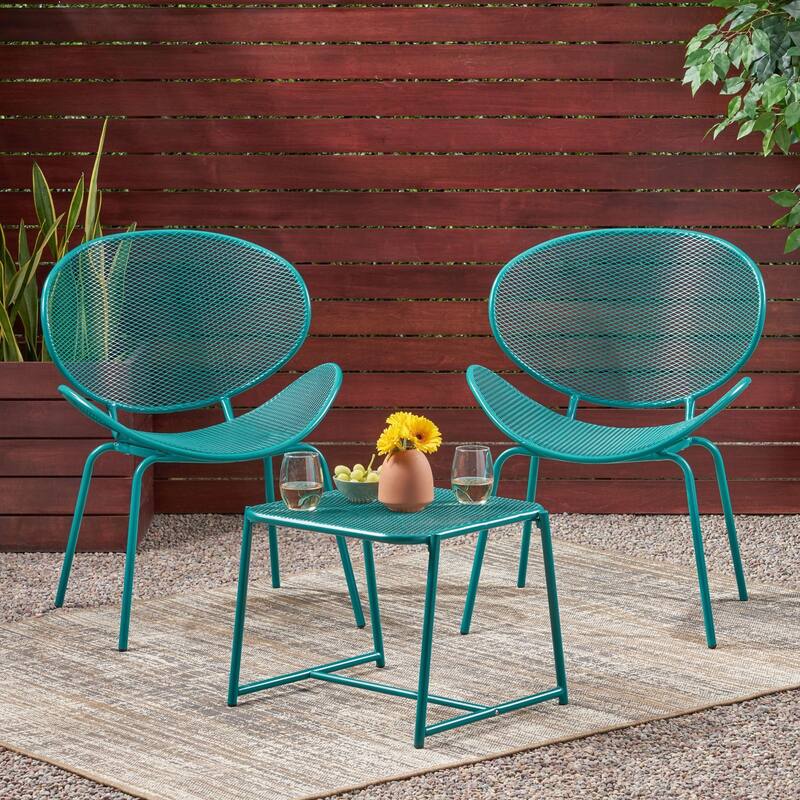 Roomfitters Outdoor Chat Set 3 Piece Metal Conversation Seating Mesh Design Iron Chairs