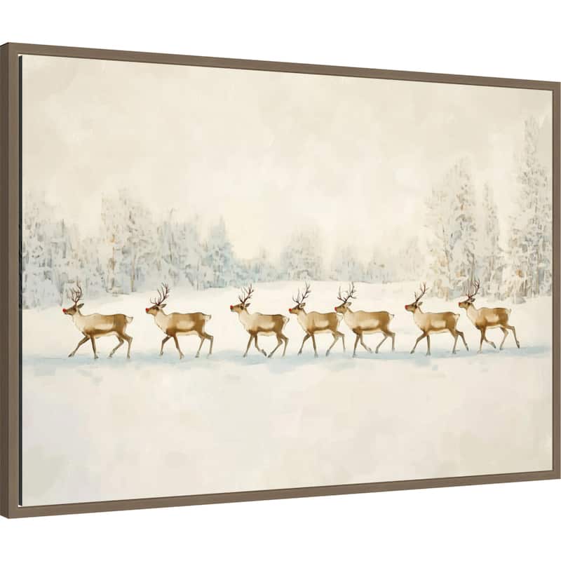 Winter Wonderland: Reindeer Procession by Melloi Art Prints Framed Canvas Wall Art Print - Sylvie Dark Gold