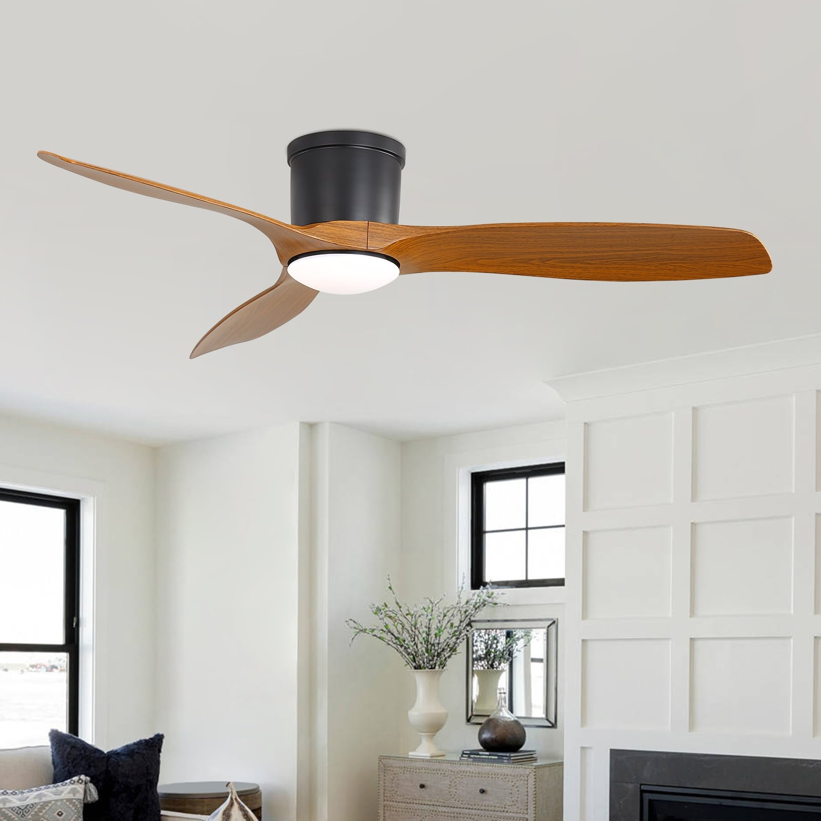 Sofucor 52 Inch Low Profile Flush Mount Noiseless Ceiling Fan with Light and Remote,Solid wood / Weather-Resistant ABS Blades