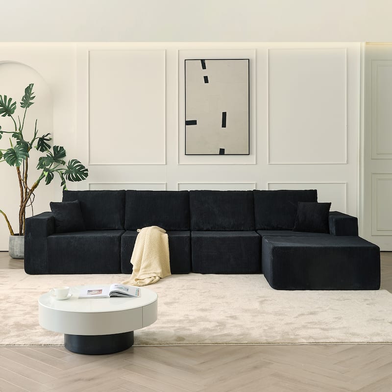 Modular Corduroy Sectional Sofa with Ottoman Chaise Lounge and Pillows - Black