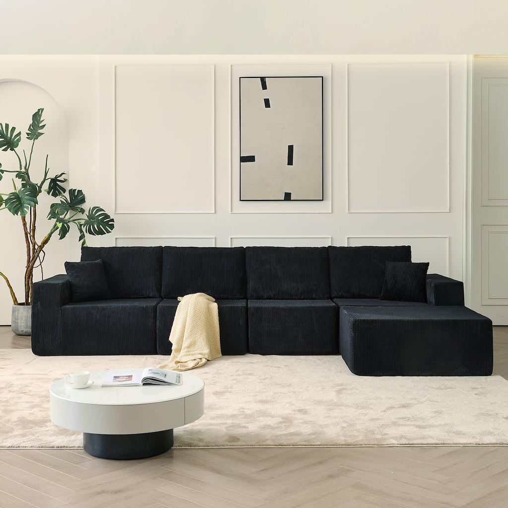 Modular Corduroy Sectional Sofa with Ottoman Chaise Lounge and Pillows