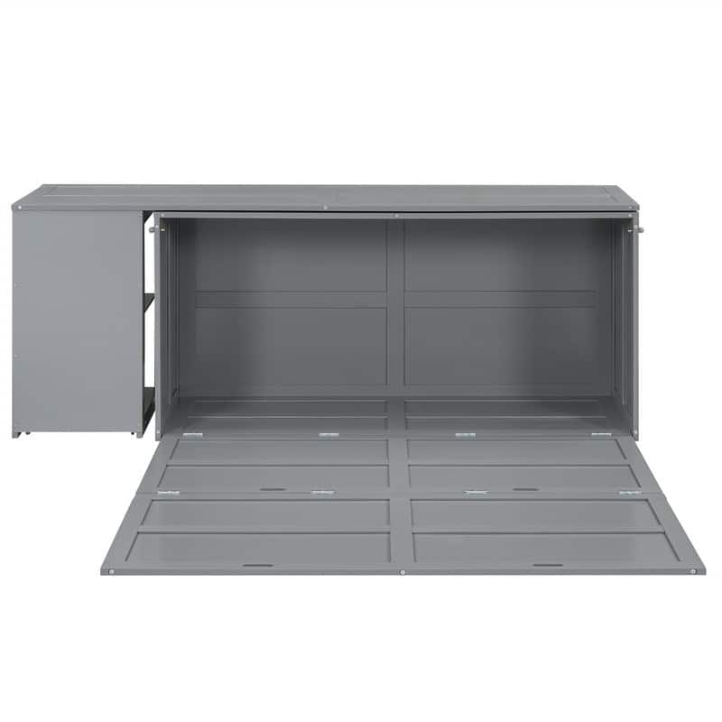 Queen Size Mobile Murphy Cube Cabinet Bed with Rotable Desk, Solid Wood Murphy Bed Chest Platform Murphy Bed for Guest Room