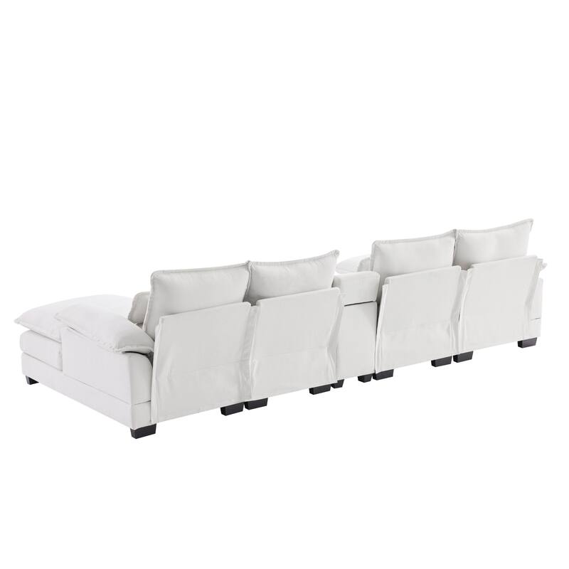 Upholstered 6-Seat U-Shaped Sofa with Chaise, Console, Cupholders & USB Ports