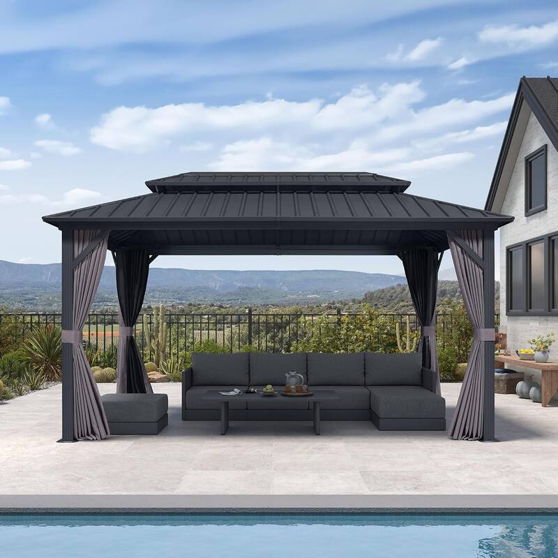 PURPLE LEAF Gazebo Grey Outdoor with Dual-Layer Galvanized Steel Double Roof Aluminum Gazebo with Netting and Curtains - 08' x 14' - Grey