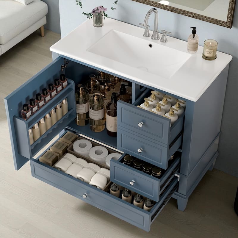 36" Freestanding Bathroom Vanity with Ceramic Sink, Solid Wood & MDF Cabinet, 3 Drawers & Shelves, Painted Finish