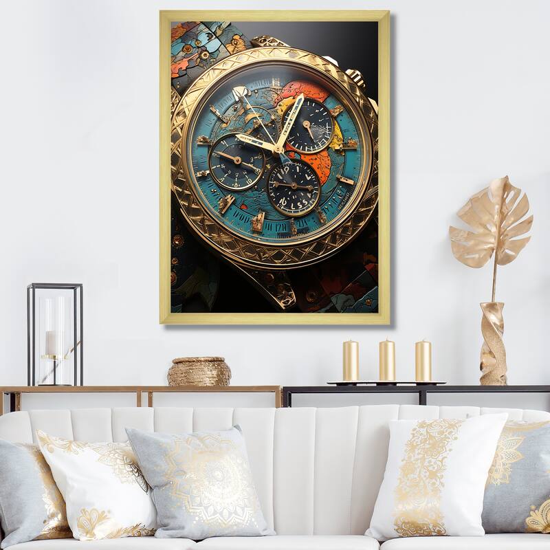 Designart "Luxury Watch Bronze Infinity III" Watches Framed Wall Art Living Room - 24 in. wide x 32 in. high - Gold