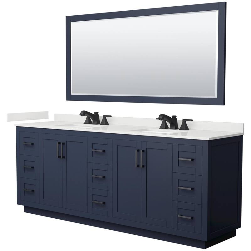 Wyndham Collection WCF292984D-QTZ-US3M70 Miranda 84" Free Standing - Dark Blue / White Quartz Top / Matte Black