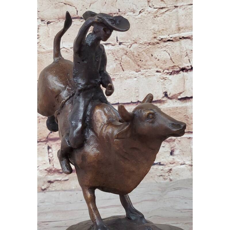 Rodeo Bull Rider Cowboy Bronze Statue Sculpture Marble Base Western Decor 9 Inches X 9 Inches