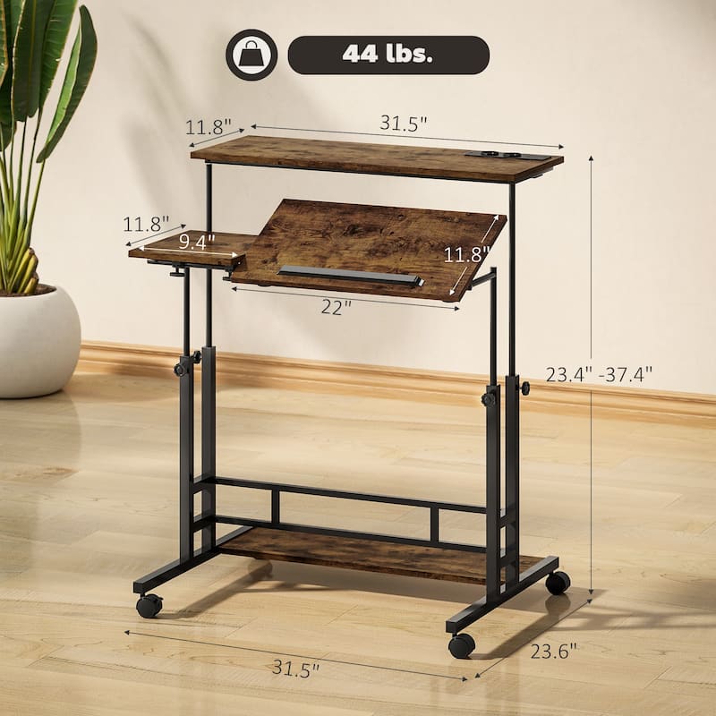 HOMCOM Height Adjustable Standing Desk with Power Outlets, Stand Up Desk with Tiltable Tabletop, Lockable Wheels, Bottom Shelf