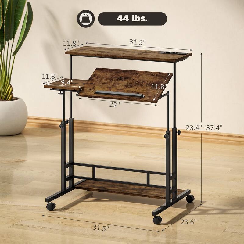 Adjustable Height Office Desk with Tiltable Panels Charging Station and Wheels Brown Standing Desk for Home Office