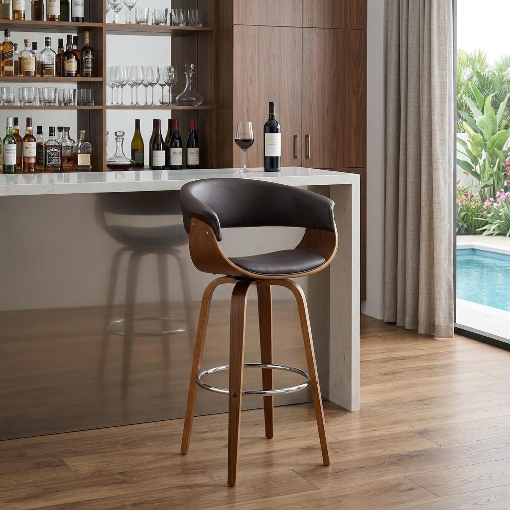 HomeRoots 31" Brown Faux Leather And Solid Wood Swivel Low Back Bar Height Bar Chair