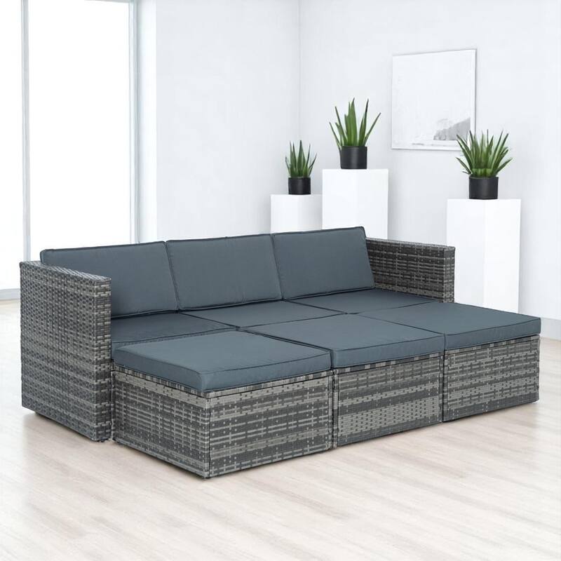 7-Piece Outdoor Rattan Patio Furniture Set, Black PE Wicker Sectional Sofa with Blue Cushions, Tempered Glass Table