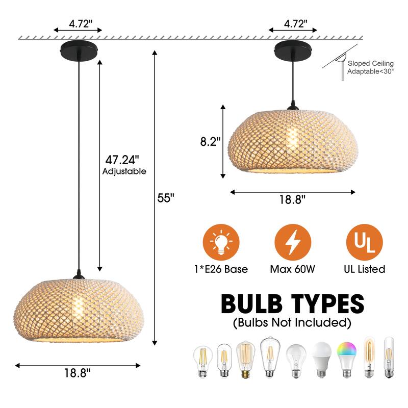 1-Light Rustic Beige Hand-Woven Cotton Hanging Basket Pendant Light - 18.8" W x 55" H