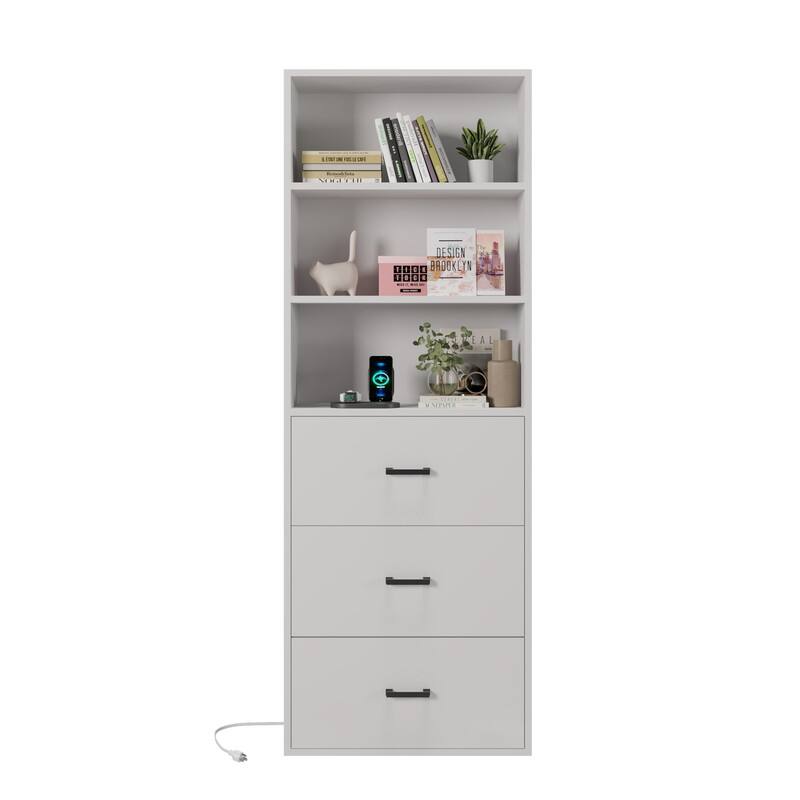 White Display Cabinet with 3-layer 3-drawer 2 USB 2 Outlet 70.86in.H - N/A - White