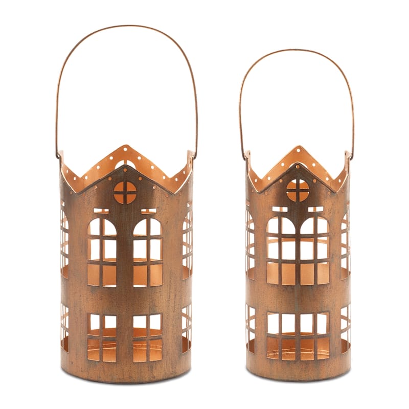 Brown Iron House Lantern Set of 2 with Punched Design for Pillar Candles - 6” x 6” x 10” (L x W x H) - Brown