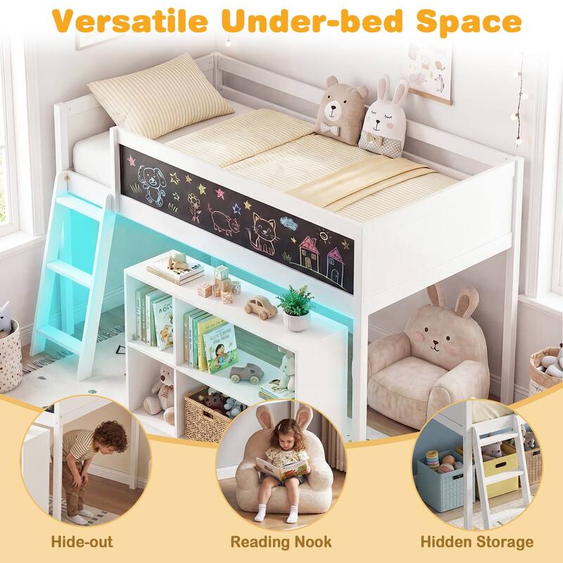 Gymax Kids Loft Bed w/LED Lights Chalkboard & Removable Bookcase