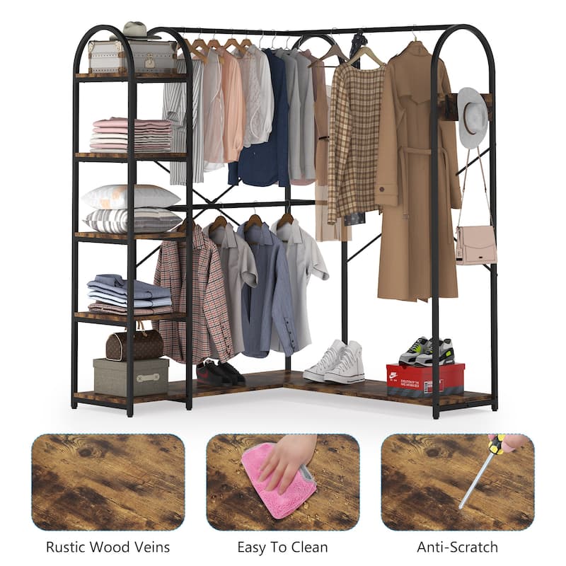 Heavy Duty L Shape Clothes Rack,Freestanding Corner Closet Organizer,Large Garment Rack with Storage Shelves and Hanging Rods