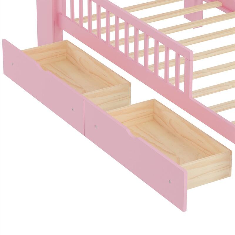 Twin Size Platform Bed with Storage Headboard and 2 Under-Bed Drawers, Wooden Bed Frame with Guardrails and Slats Support