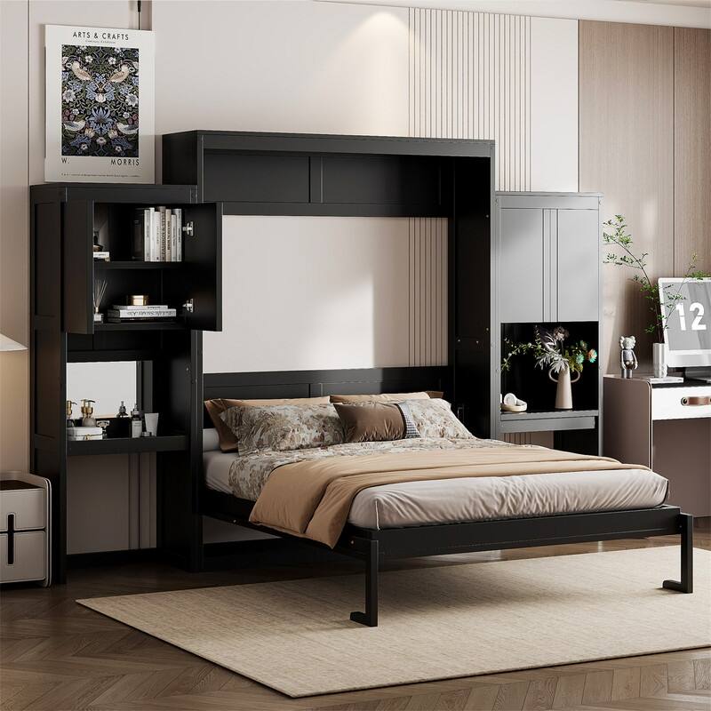 Queen Size Murphy Bed Wall Bed with Desk, Mirror and Vanity, Wooden Foldable Murphy Cabinet Bed with Storage Cabinets - Espresso