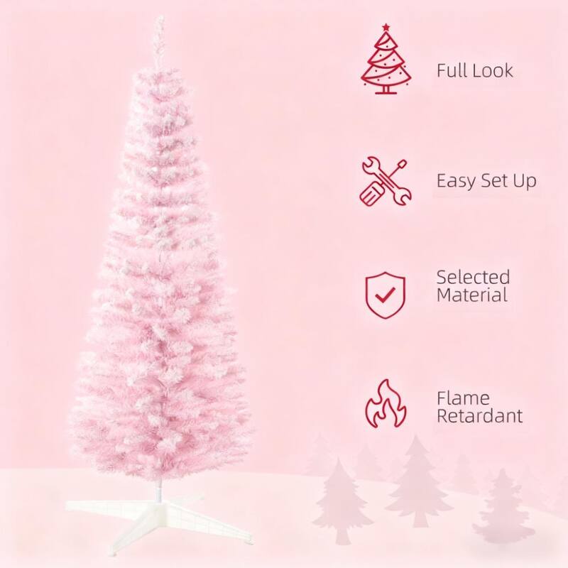 5' Snow Flocked Artificial Christmas Tree with Pencil Shape, Realistic Branches - Pink