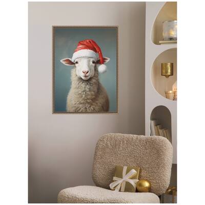 Kate and Laurel Sylvie Beaded Sweet Sheep Santa Hat Framed Canvas by The Creative Bunch Studio